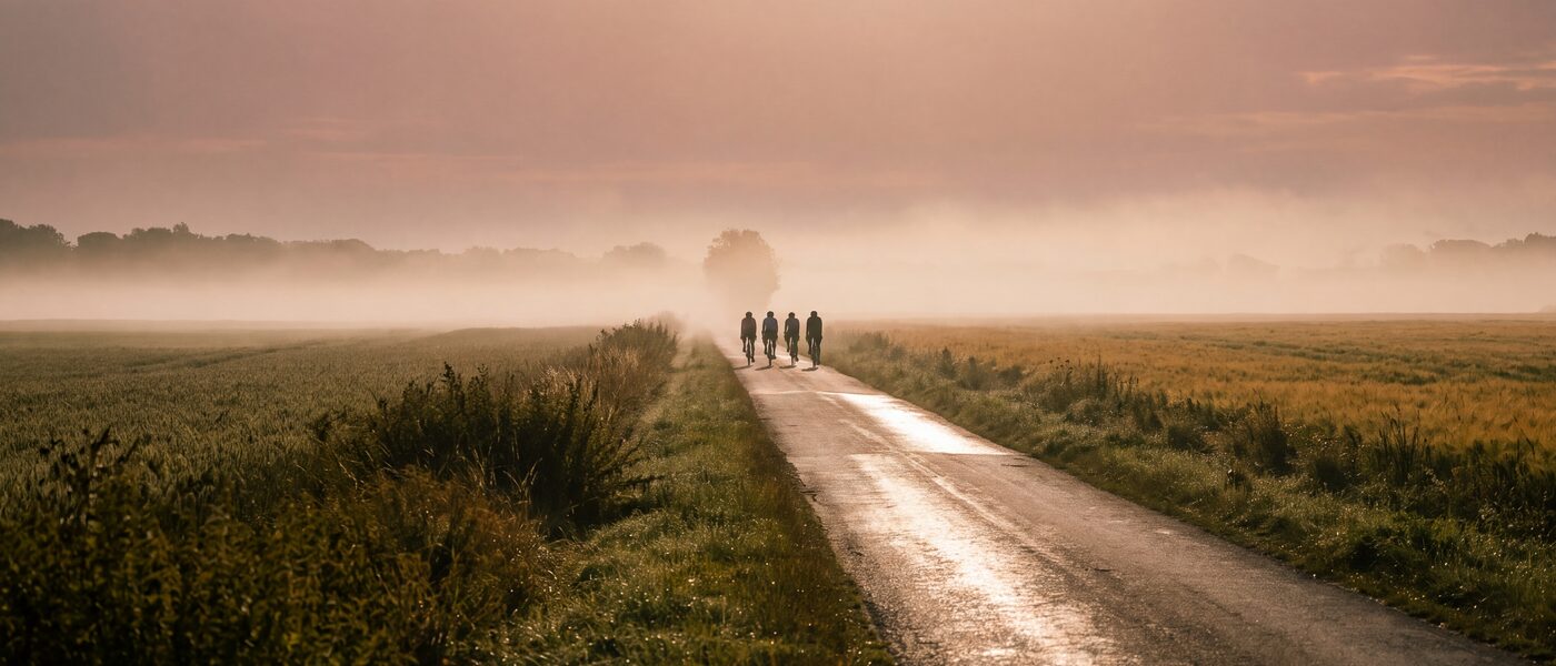 Plattelandsweg bij zonsopgang met laaghangende mist en enkele fietsers in de verte, gouden tegenlicht