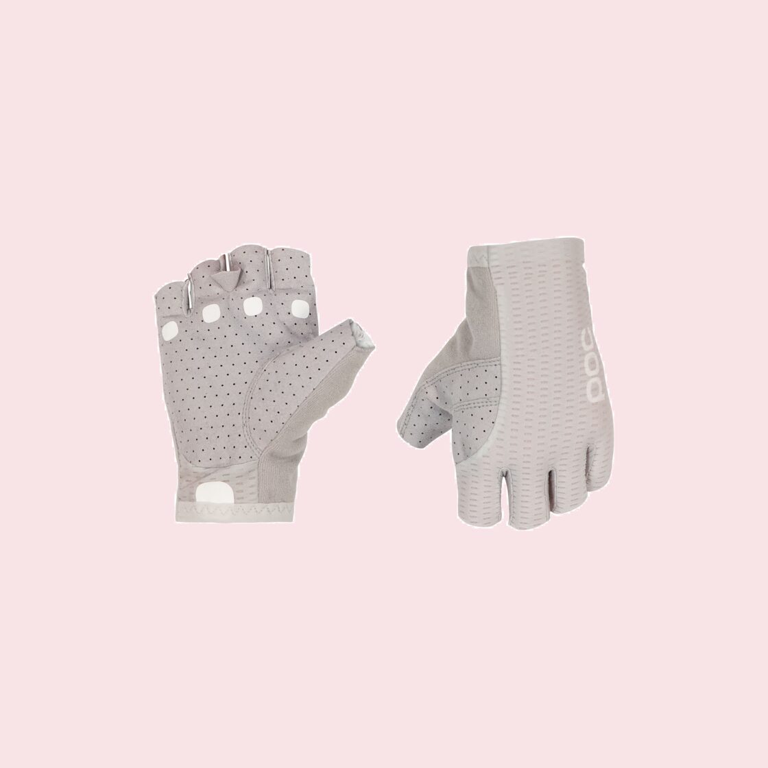 Paar grijze fietshandschoenen met korte vingers, gezien op de handpalm en handrug