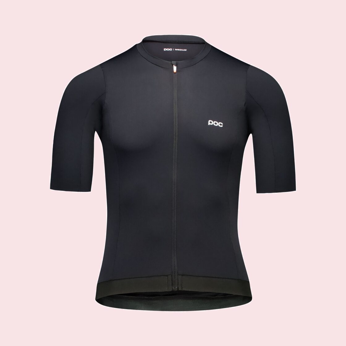 Zwart fietsshirt met korte mouwen van voren gezien, met volledige rits en siliconenrand aan de onderzijde
