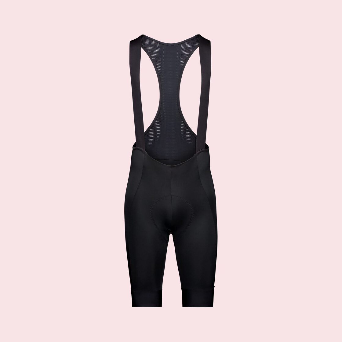 Zwarte bibshort met bretels van ademend mesh, van voren gezien, met de zeem duidelijk zichtbaar